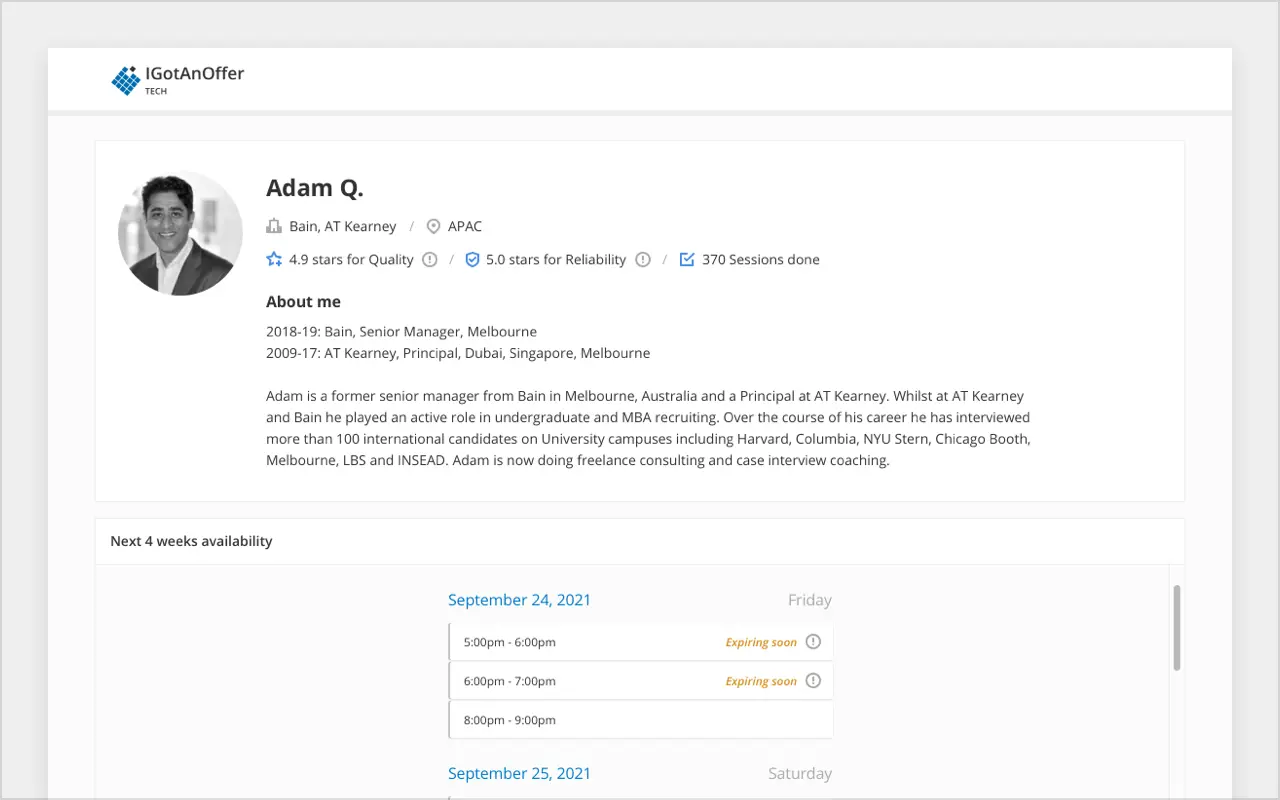 Screenshot of interview coach's profile page showing availability and experience