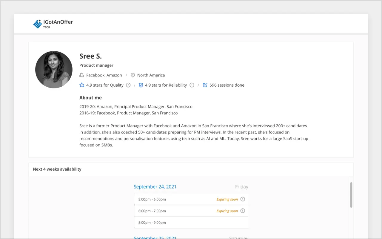 Screenshot of interview coach's profile page showing availability and experience